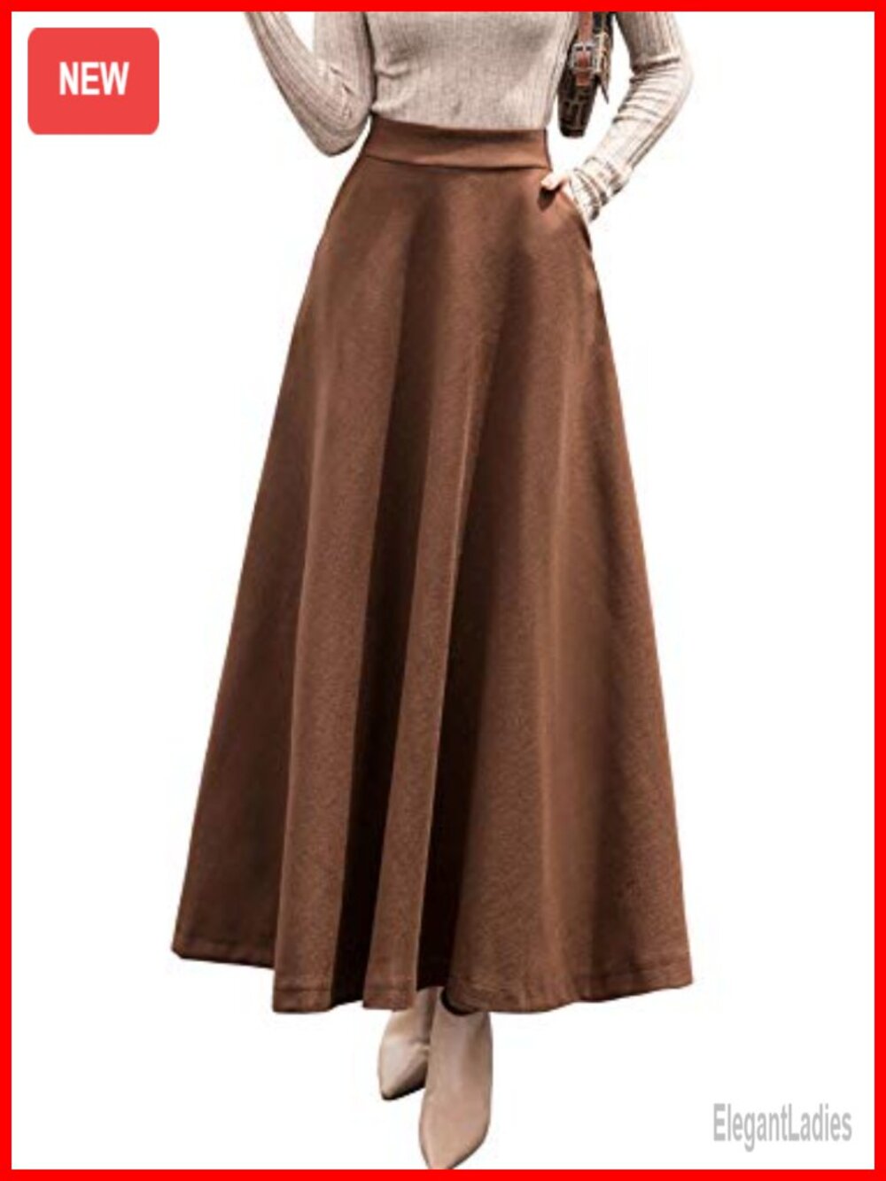 Wool Blend A-Line Pleated High Waist Maxi Skater Skirt